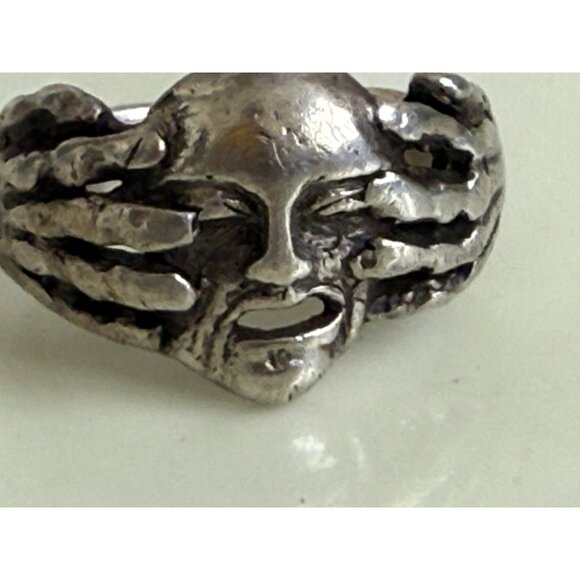 Vintage 90's Mens Sterling Silver Biker Ring Skull with hands Over Eyes Size 13 - Picture 5 of 16
